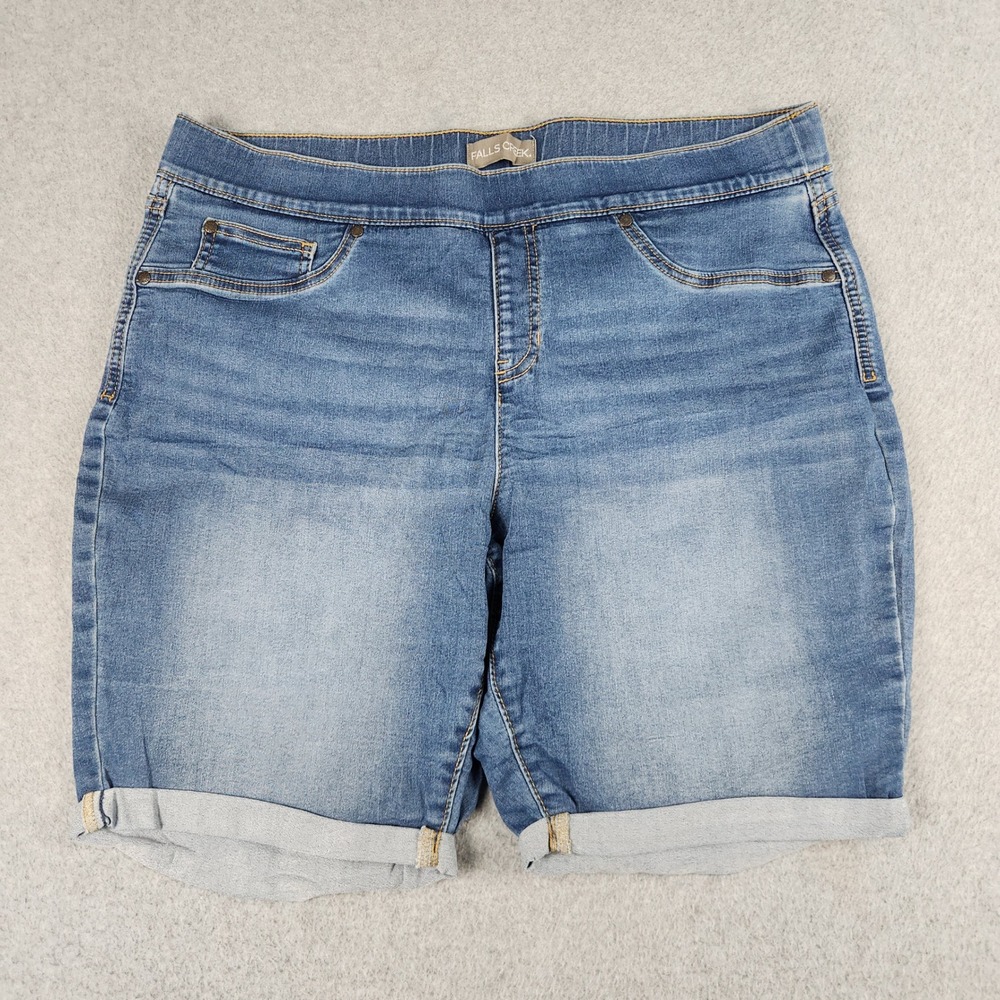 Falls Creek Denim Shorts Womens 16 Blue Stretch High Rise Pull On Cuffed Hem